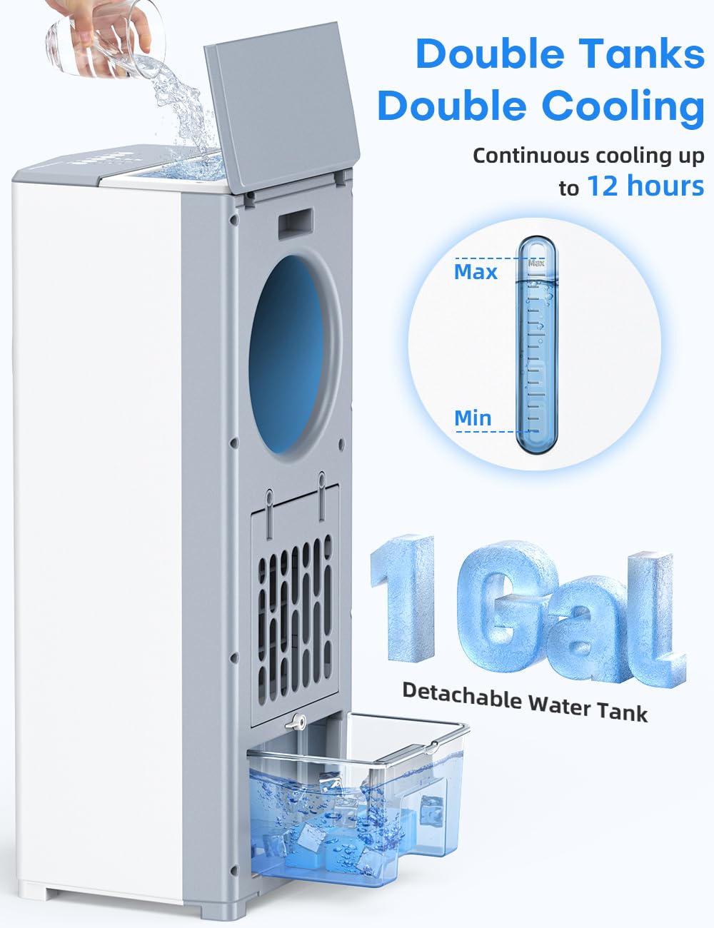 Myicy Windowless Air Conditioner, 27 Bladeless Evaporative Air Cooler With 4 Modes & 3 Speeds, Double Tanks, 4 Ice Packs, 25Ft R