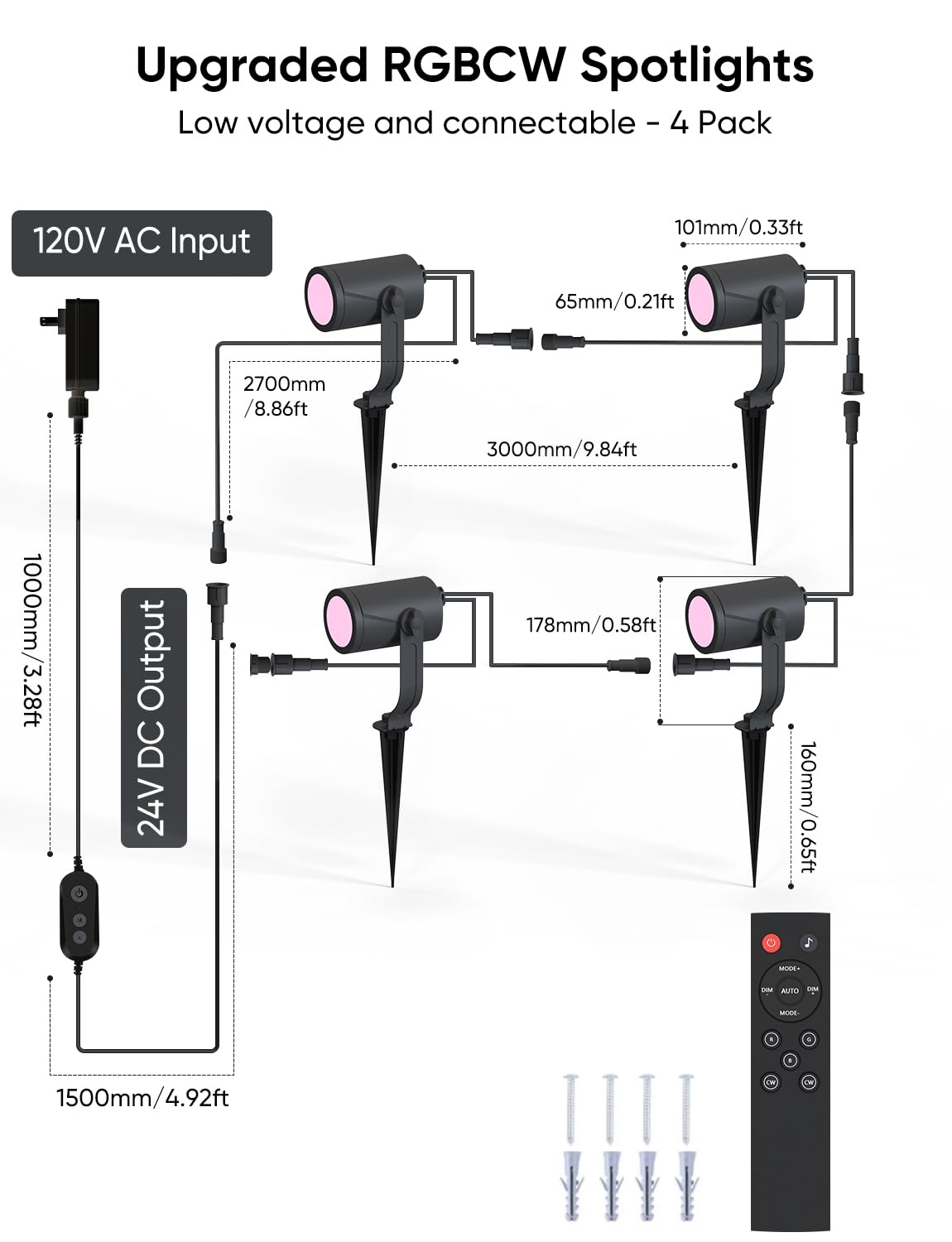 APPECK Smart Outdoor Spot Lights, 24W RGBCW Color Changing, IP65 Waterproof, 4 Pack, Aluminum, Black, Model C6605-C