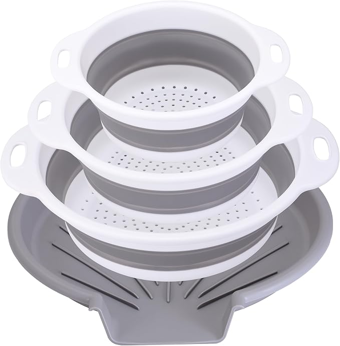 Collapsible Colander Set with Universal Draining Tray | 3-Pack Foldable Kitchen Strainers + Base | Space Saving for Pasta, Veggies, Fruit & Rice | 5 Colors (Gray-White)