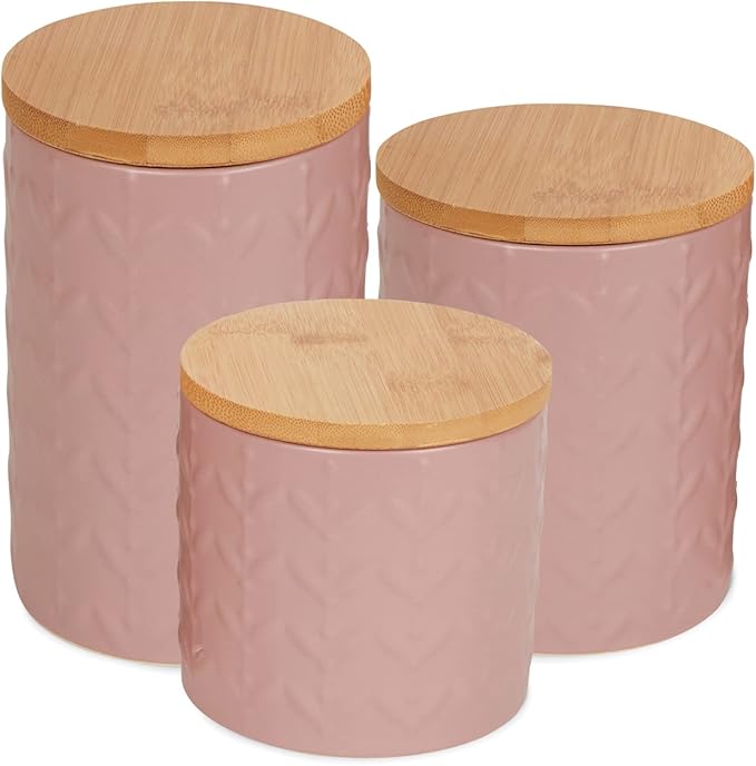 DII Kitchen Accessories Collection, Textured Matte Ceramic Canister Set, Pale Mauve, Vine, 3 Piece