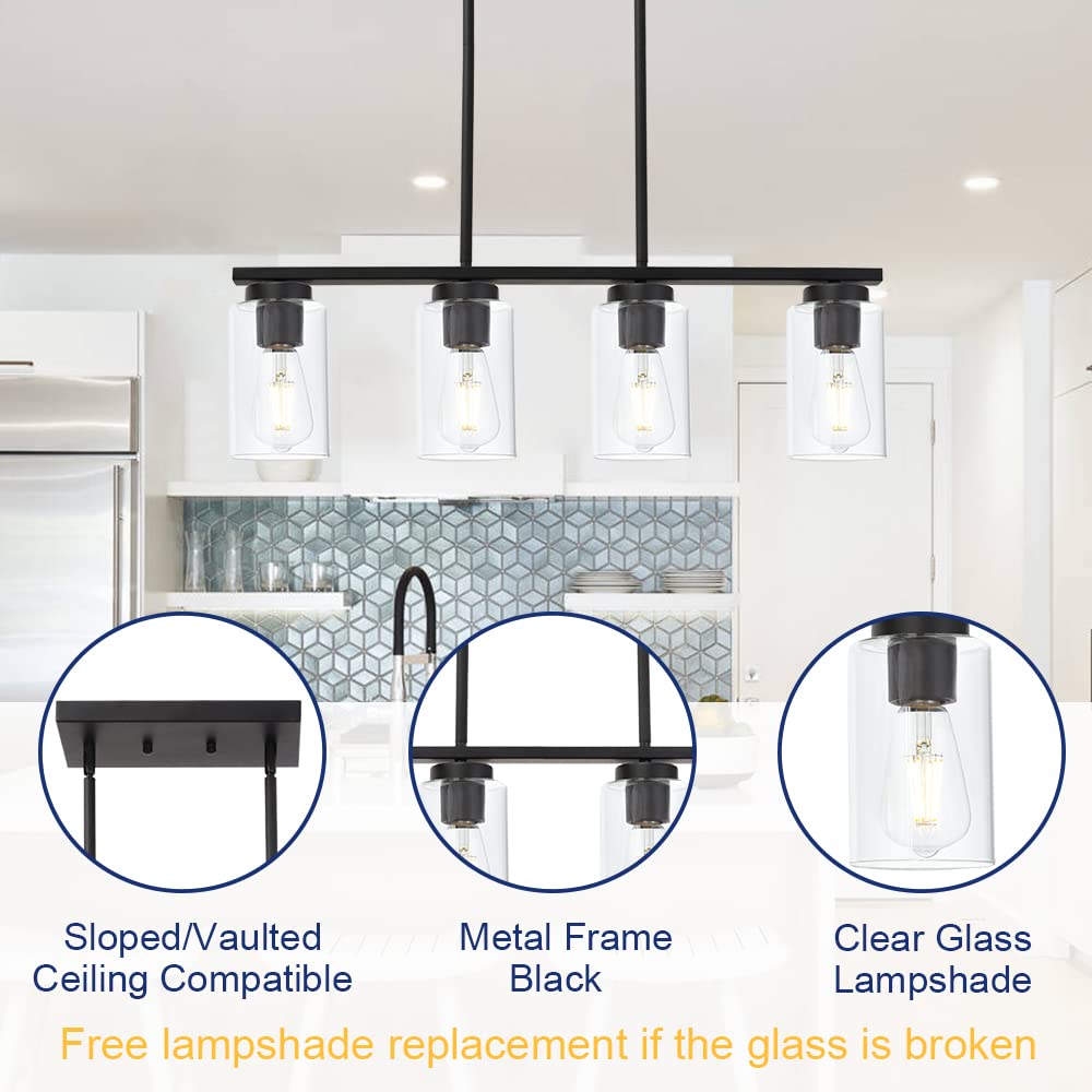 TODOLUZ Black Pendant Light Fixture, 4-Lights Clear Glass Shades, Ideal for Kitchen Island or Dining Room
