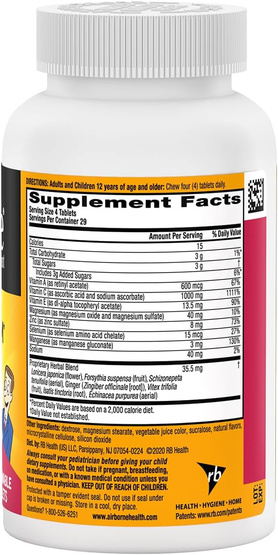 Airborne 1000mg Vitamin C + Zinc Immune Support Supplement Chewable Tablets, Very Berry Flavor with Powerful Antioxidants Vitamins A C & E, 116 Chewable Tablets (2 Pack)