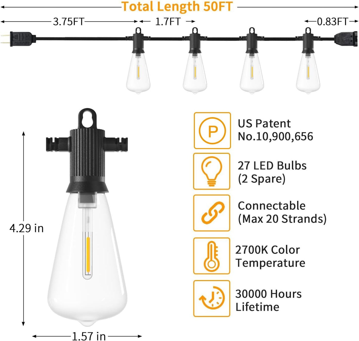 ZOTOYI String Lights Outdoor LED 50Ft with 25 Shatterproof Vintage Bulbs, Dimmable, Waterproof, Black