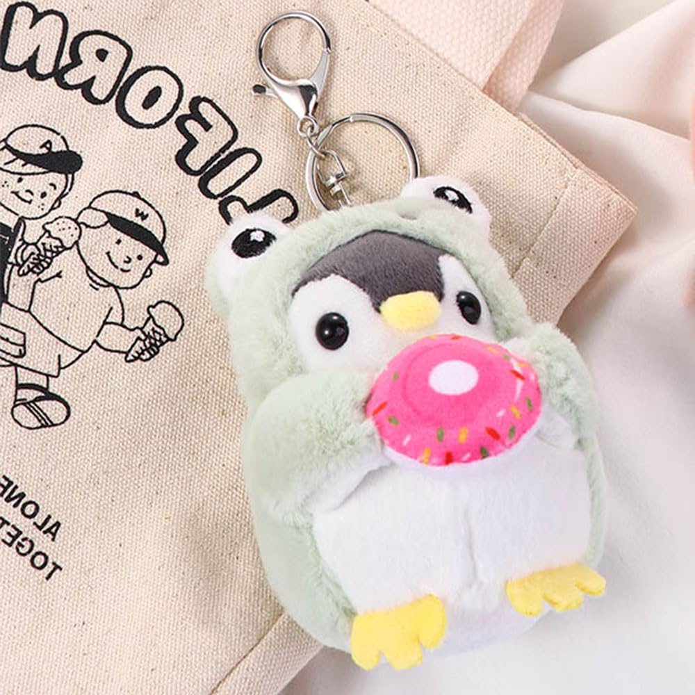 Pokinge 2 Pcs Penguin Keychain, Cute Plush Penguin Pendant Stuffed Animal Keyring Creative Penguin with Dog Frog Clothing Cartoon Donut Backpack Decor(Grey&Green)