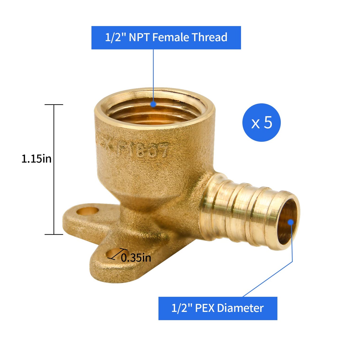 5 Pack Drop Ear Elbow Fittings, PEX 1/2" x 1/2" NPT Female Threaded Adapter Crimp Fitting, Brass, Full Port for PEX pipes in plumbing jobs