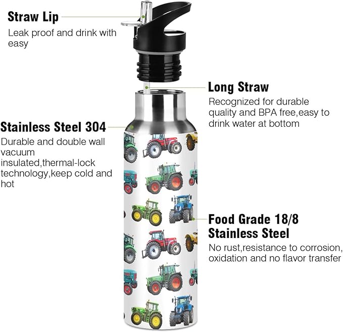 Tractor Stainless Steel Water Bottle with Straw Lid - 20 Oz Sports Insulated Water Bottle Thermos for Sport Gym Outdoor Travel School (DZ007)