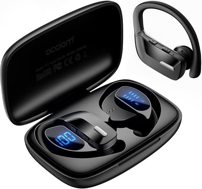 occiam Sport Wireless Earbuds Bluetooth Headphones 80hrs Playtime Deep Bass Ear Buds with Earhook Noise Cancelling Mic Wat...