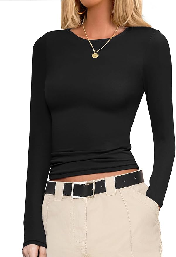 Ekouaer Womens Long Sleeve Shirts Fitted Tops Stretchy Base Layer Basic Tight Thermal Undershirt XS-XXL