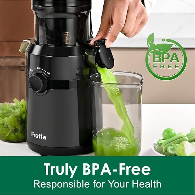 Juicer Machines,Fretta Cold Press Juicer with 4.25" Large Feed Chute,Fit Whole Fruits & Vegetables,High Juice Yield,BPA-Free,Tritan PCTG Material,Black