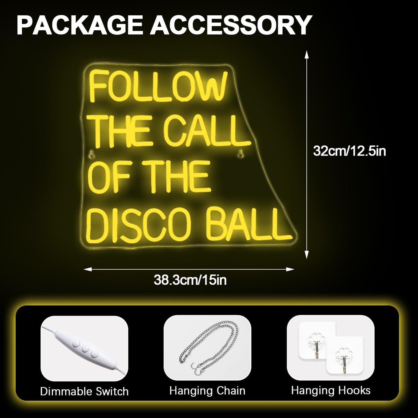 NOSUN Follow The Call of The Disco Ball Neon Sign,Neon Signs for Wall Decor Yellow Neon Sign,Dimmable Disco Neon Lights for Disco Party Decor Neon Signs Letter Led Lights for Dancing Club Wall Decor