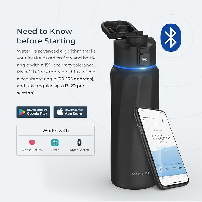 BOOST Smart Water Bottle with Reminder to Drink Water & Water Tracker Bottle - Double Wall Vacuum Insulated Water Bottle Stainless Steel, Wide Mouth 32 oz Water Bottles, Ideal for Gift - Black