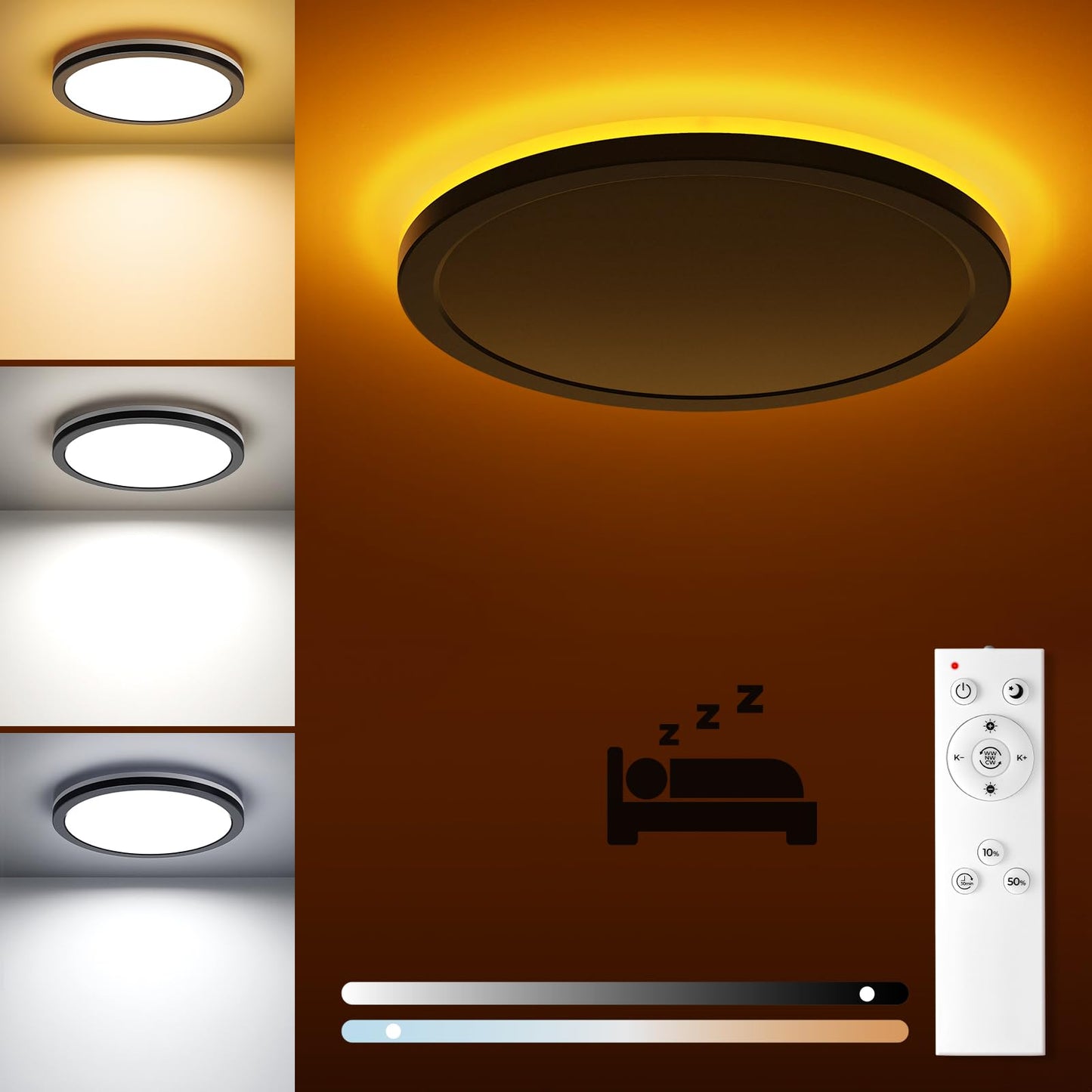 Matane Flush Mount Ceiling Light Fixture, 18W 3000K-6500K, Remote Control, 8.7 Inch, Black, Model LD-GM18W-114BKRN