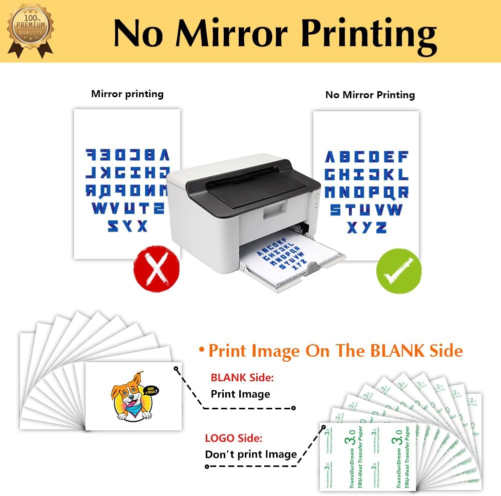 TransOurDream Tru-Heat Transfer Paper for Inkjet & Laserjet Printer (30 Sheets 8.5x11, 3.0) Printable HTV Heat Transfer Vinyl for T Shirts Iron on Transfers for Light Fabrics (L3-33)