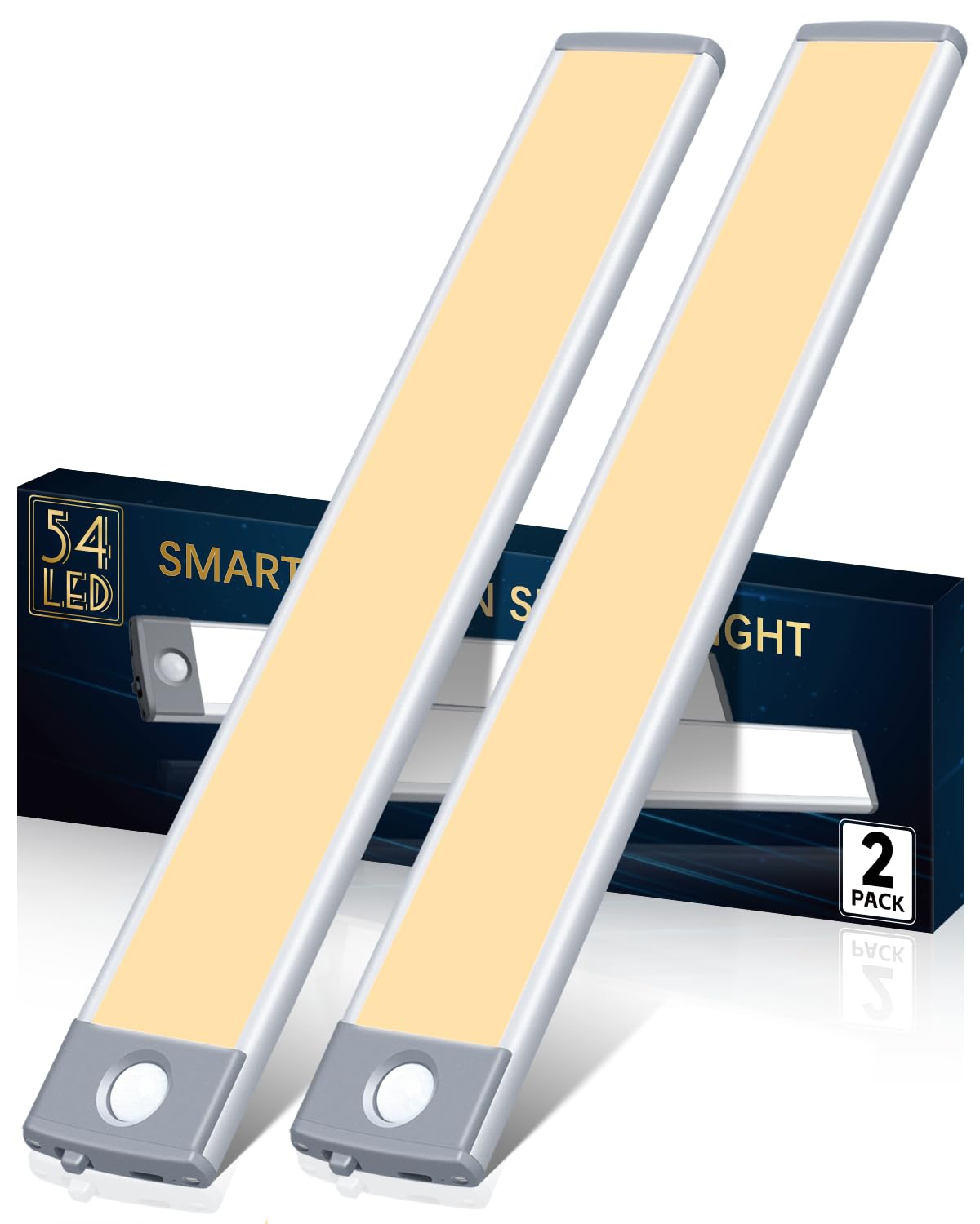 Priorare 54 Led Motion Sensor Under Cabinet Lighting, Rechargeable Warm White Closet Light, Ultra Thin Design, 350Lm, 2 Pack
