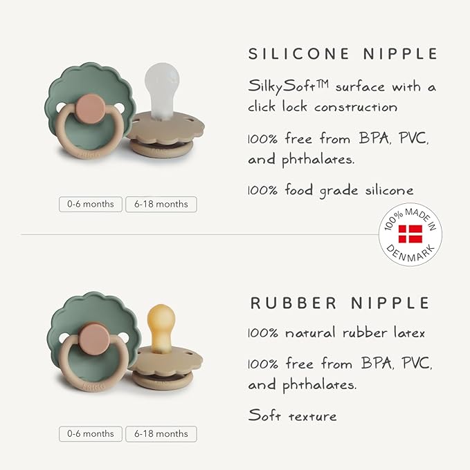 FRIGG Daisy Natural Rubber Baby Pacifier | Made in Denmark | BPA-Free (Cream/Poppy, Size 1) 2-Pack