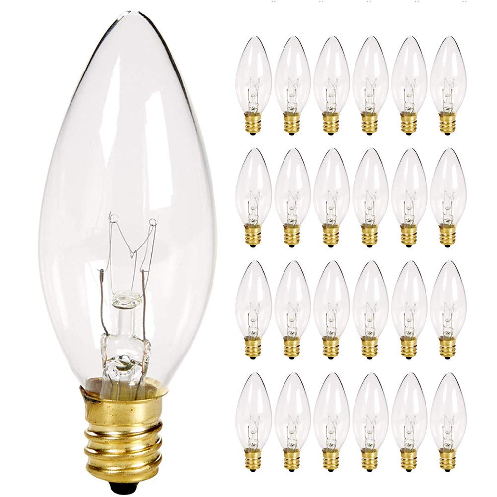 Sunsgne 25 Pack Clear Torpedo Tip Replacement Bulbs - E12 Candelabra Base, 120V 7 Watts, Ideal For Electric Candle Lamps & Chandeliers