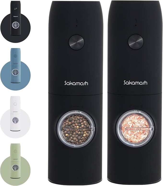 Electric Salt and Pepper Grinder Set, Rechargeable, 6 Adjustable Coarseness with LED Light, Electric Salt and Pepper Shakers Refillable(2 Packs, Black)