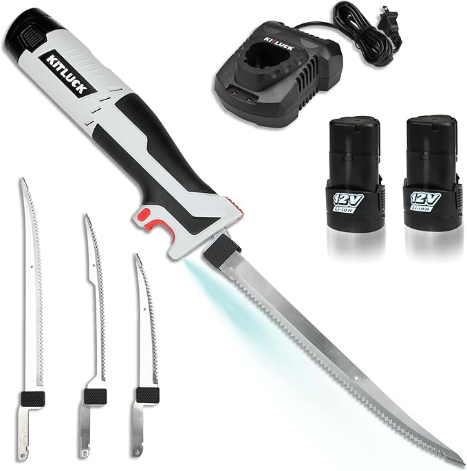 KITLUCK Cordless Electric Fillet Knife - 12V Cordless Fishing Knife with 6'', 8'' and 10'' Stiff Blades, 2 Rechargeable Battery Packs, 1 Charger, Electric Fish Fillet for Fishing, Filleting