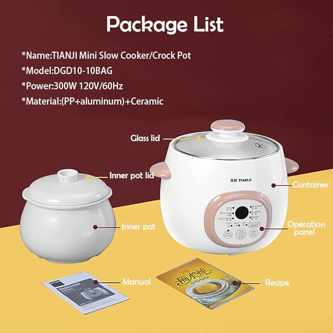 Electric Stew Pot, Ceramic Soup Porridge Cooker, Slow Cookers with Lid, 1L, White