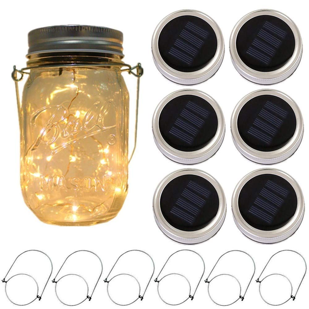 CHBJDAN Solar-powered Mason Jar Lights - 6-Pack, 20 LEDs, Warm White, Waterproof, Includes Hangers, No Jars, Outdoor Patio Decor