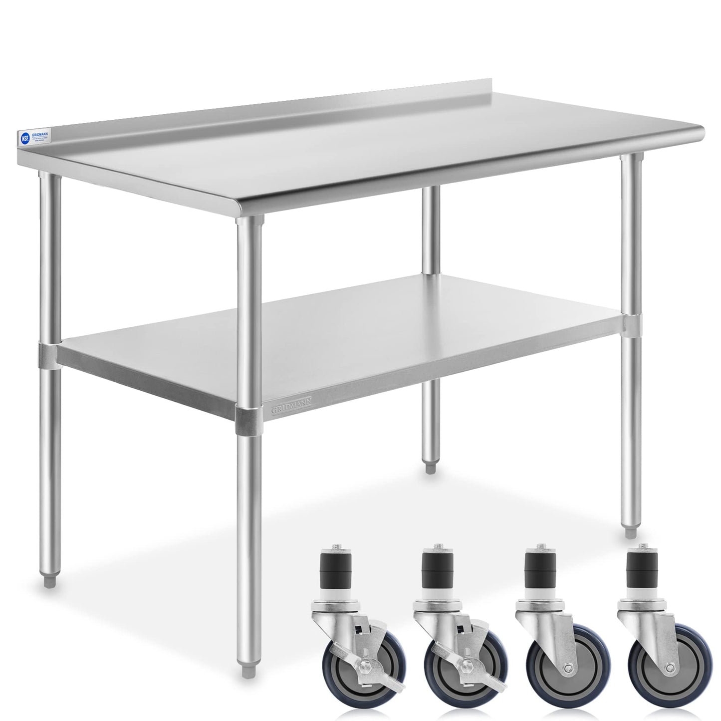 GRIDMANN Stainless Steel Table 48 in. x 24 in., NSF Commercial Kitchen Prep & Work Table w/Backsplash and Wheels