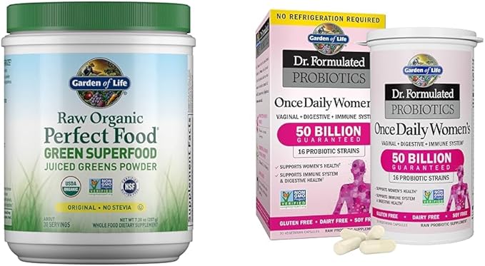 Garden of Life Raw Organic Perfect Food Green Superfood Juiced Greens Powder & Dr. Formulated Women's Probiotics Once Daily, 16 Strains, 50 Billion, 30 Count (Pack of 1)
