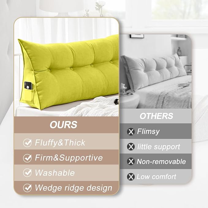 Large Triangular Headboard Pillows Long Backrest Positioning Support Bolster Cushion for Daybed Fluffy Quality Plush Body Wedge Pillow with Removable Cover(Yellow Green-Twin/Twin XL-39x8x20 in)