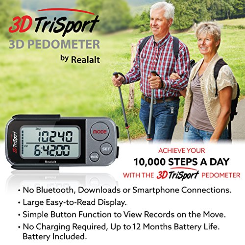 Realalt 3DTriSport Walking 3D Pedometer with Clip & Strap, eBook Included 30 Days Memory Accurate Step Counter, Walking Di...