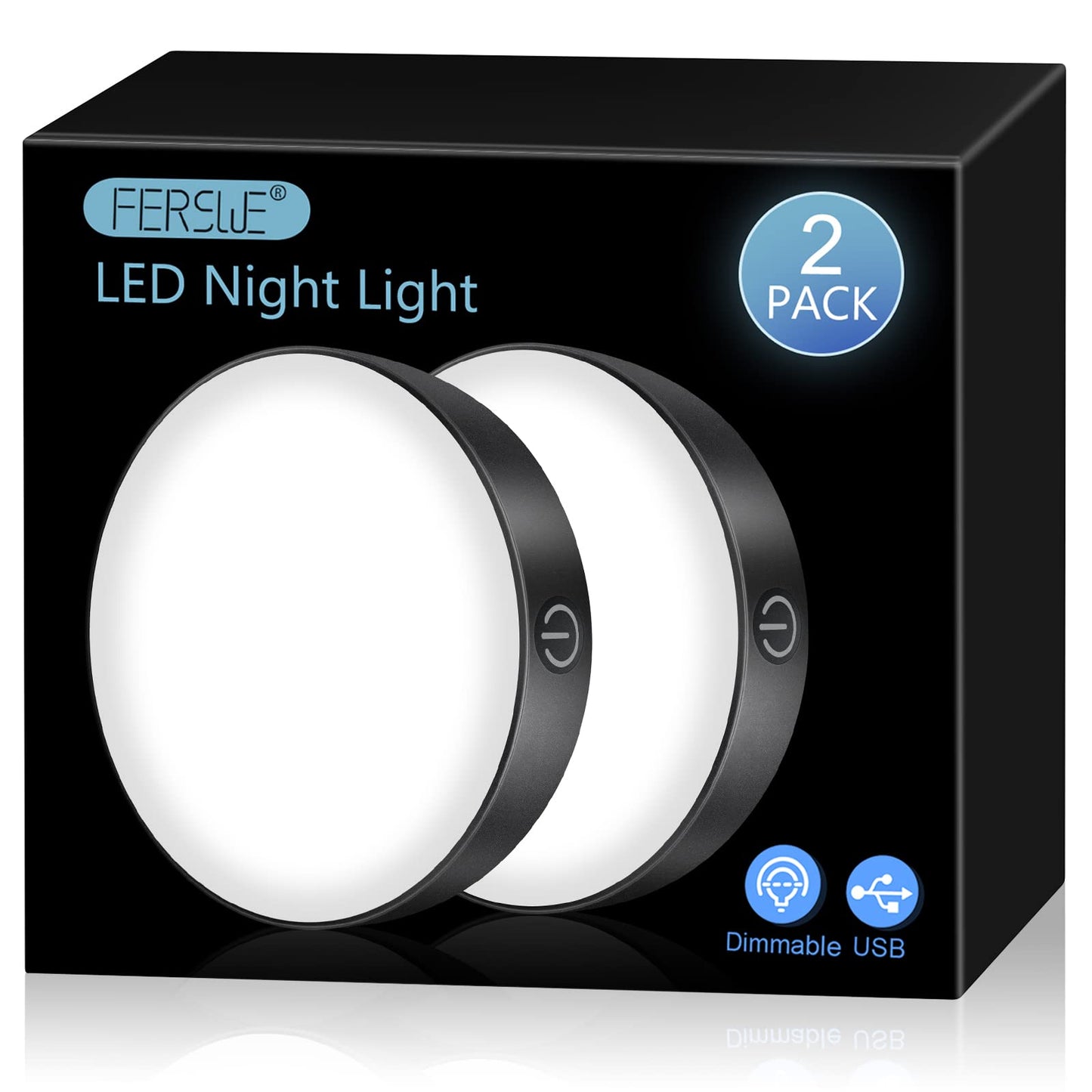 Ferswe Rechargeable Tap Light, Dimmable Touch Light, 6000K, Metal, Black, Model F-US006, 2 Pack