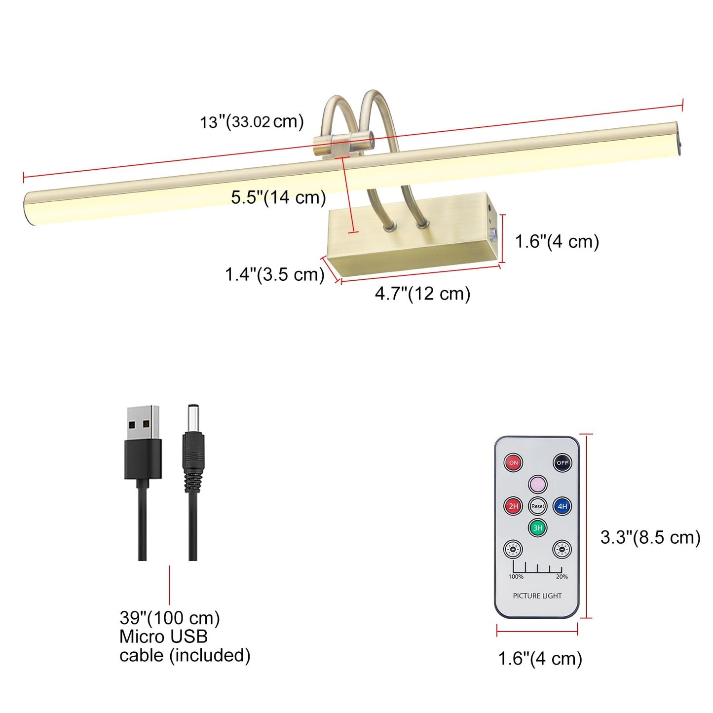 Raifoolly Picture Light - 13In Battery Operated Art Light, Dimmable With Timer, Antique Brass, Model Rf00289