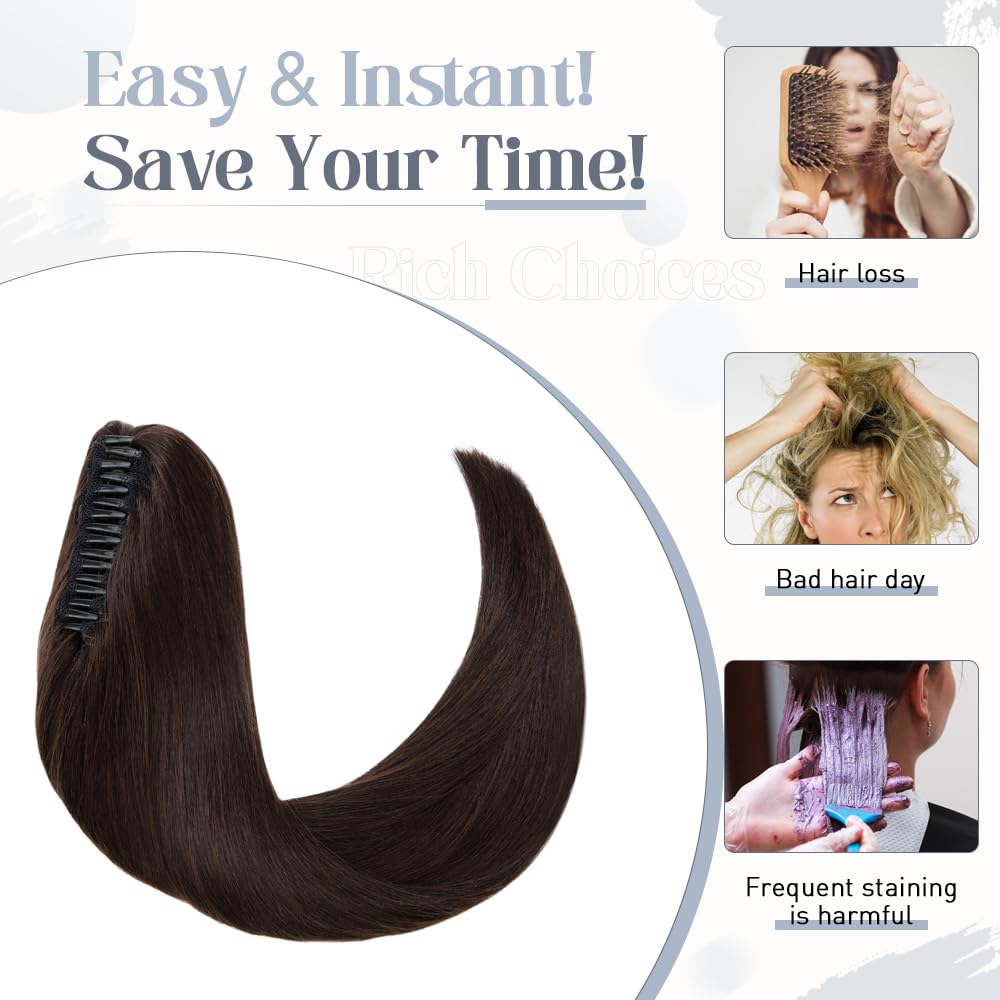 Rich Choices Claw Clip Ponytail Extension Human Hair Real Hair Ponytail Extension Balayage Dark Brown 16 Inch 105g One Piece Cli