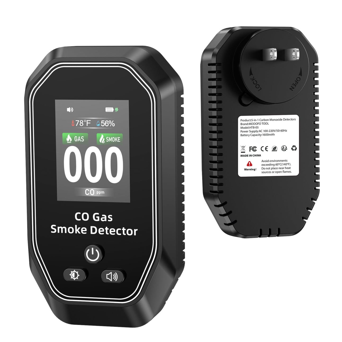 6-in-1 Portable Carbon Monoxide Detectors Plug in, MODOFO TOOL Smoke and Carbon Monoxide Detector with Built-in Battery, Natural Gas Leak Detector, HD Display for CO, Gas, Smoke, Temp, Humidity Black