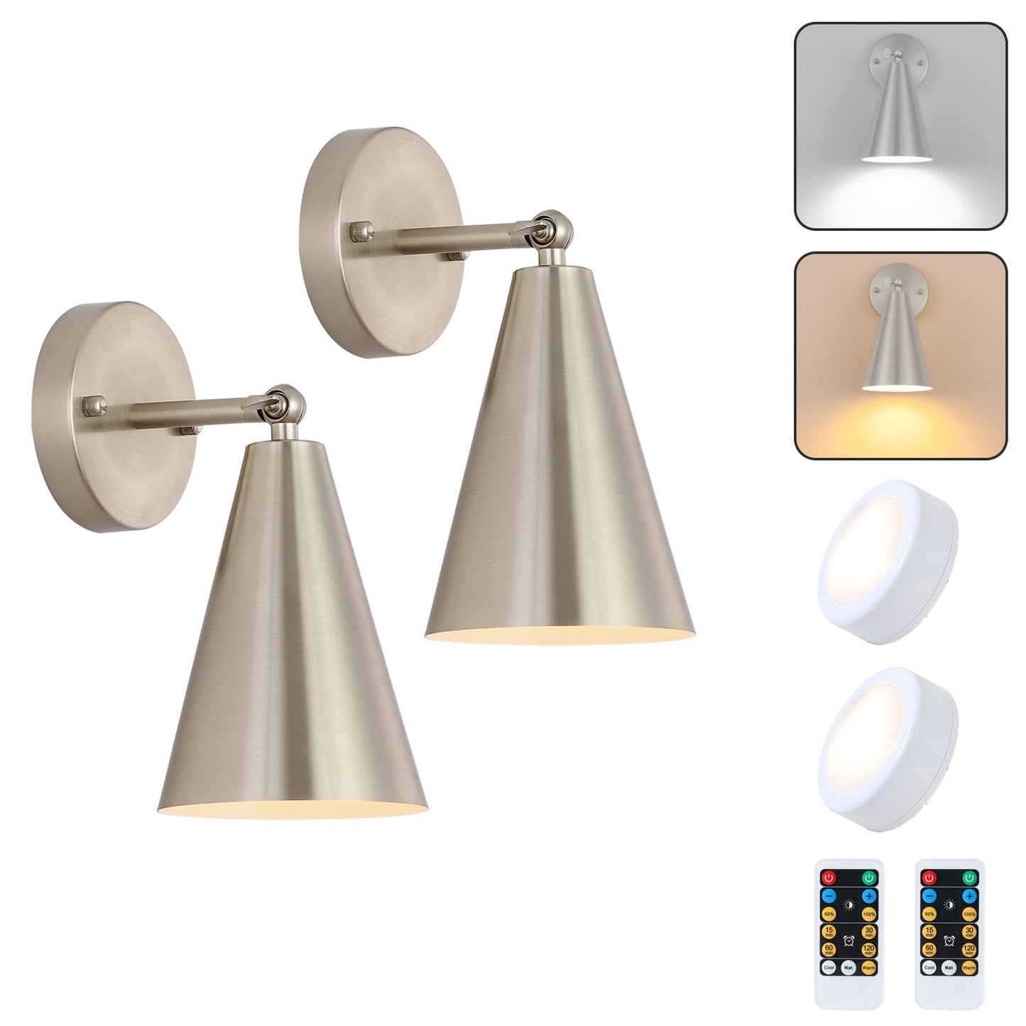 MWZ Wall Sconces Set of Two, Battery Operated, Dimmable, Adjustable Angle, Nickel, Model W-XL125