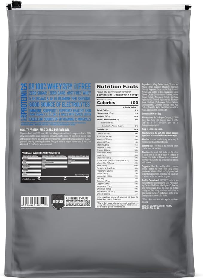 Isopure Zero Carb 100% Pure Whey Isolate Protein Powder, Lactose Free, Gluten Free, With Vitamins, Creamy Vanilla, 25g Protein Per Serving, 7.5 Lbs, 110 Servings (Packaging May Vary)