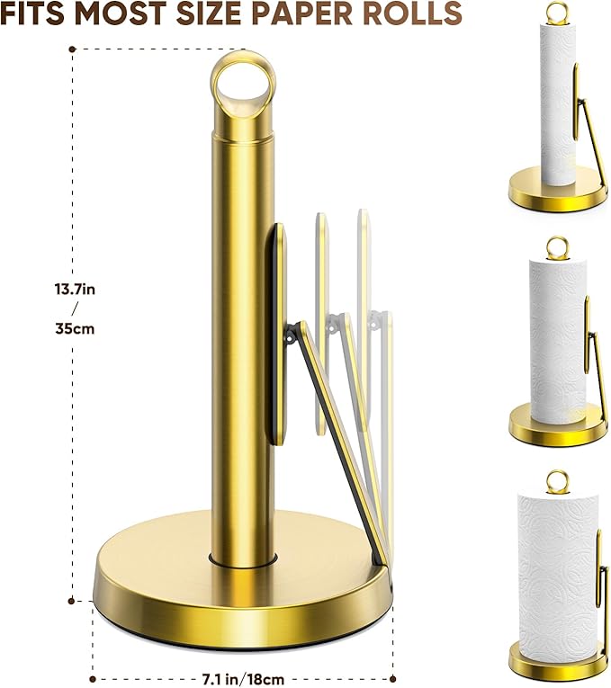 theaoo Heavy-Duty Stainless Steel Paper Towel Holder with Tension Arm – Easy One-Handed Tear, Modern Standing Countertop Dispenser for Kitchen, Holds All Paper Towel Rolls (1, Gold)
