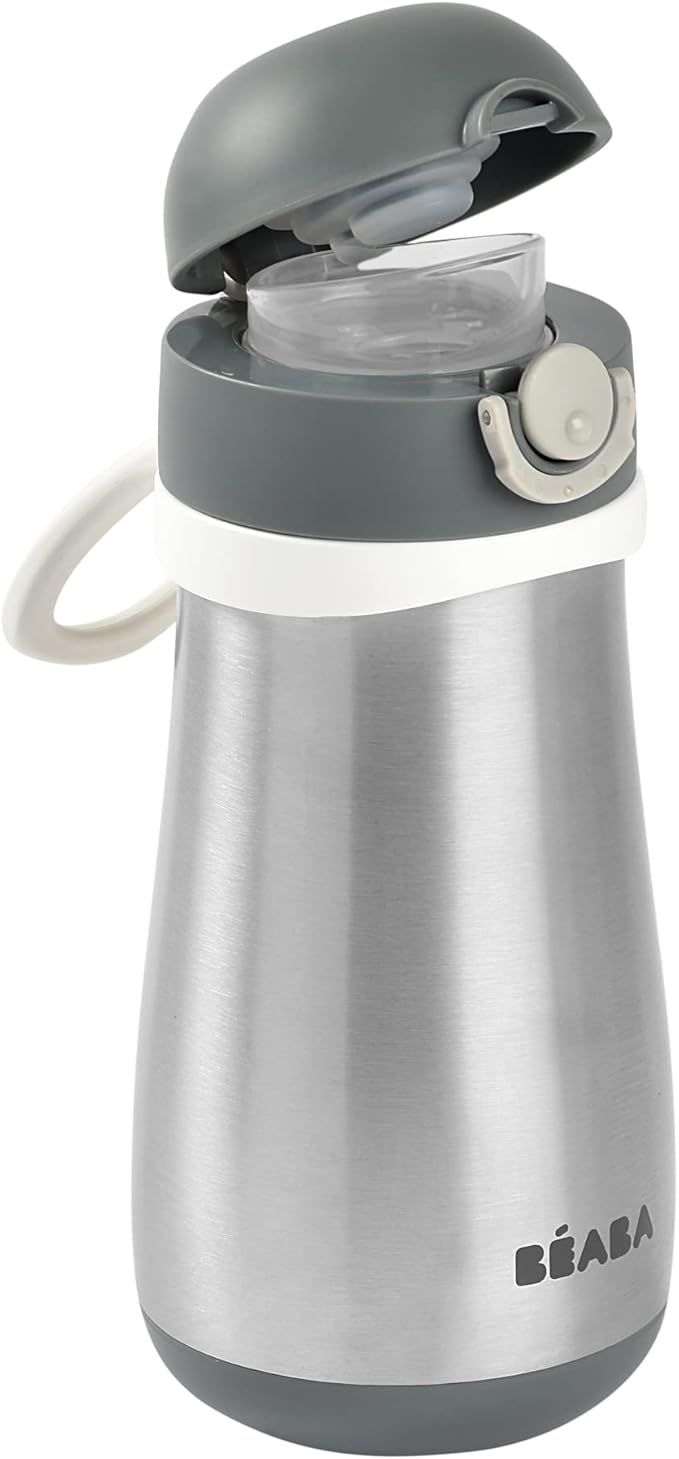 BEABA Kids Stainless Steel Insulated Water Bottle, Kids Water Bottle, Toddler Thermos with Spill Proof Spout and Close Top, Perfect for Travel, (Charcoal)