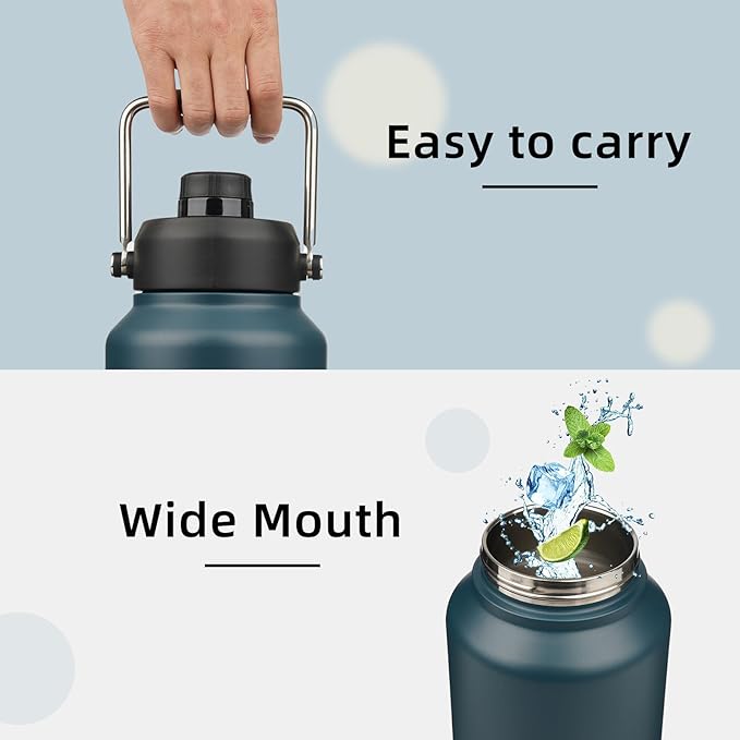 1 Gallon Jug with Handle,128 oz Insulated Water Bottle with Carrying Pouch, Double Wall Vacuum Stainless Steel Metal Bottle,Navy blue