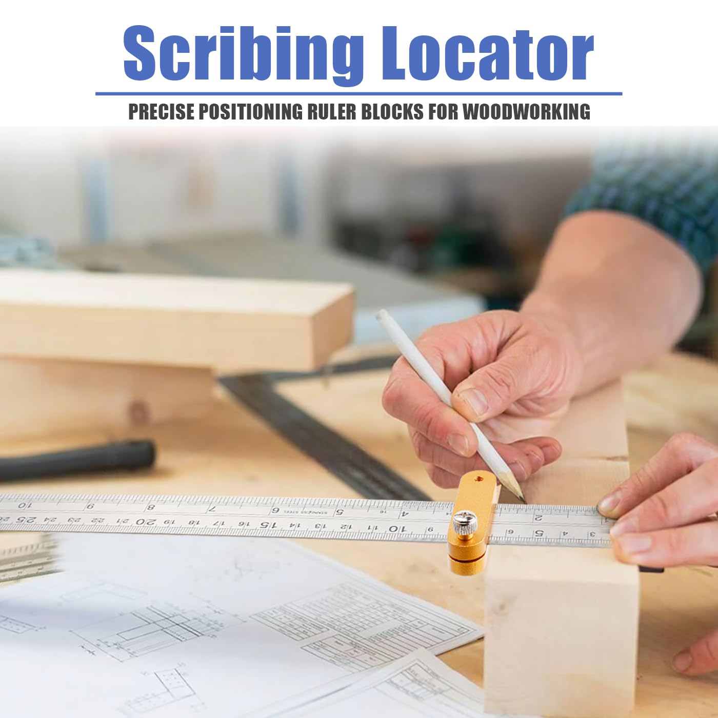 Mesee 4 Pieces Ruler Positioning Blocks Adjustable Thickness Ruler Stop Fence Woodworking Aluminum Alloy Rulers Limit Block Scribing Tool Rulers Locator Wood Mortise Scriber Line Marking Gauge