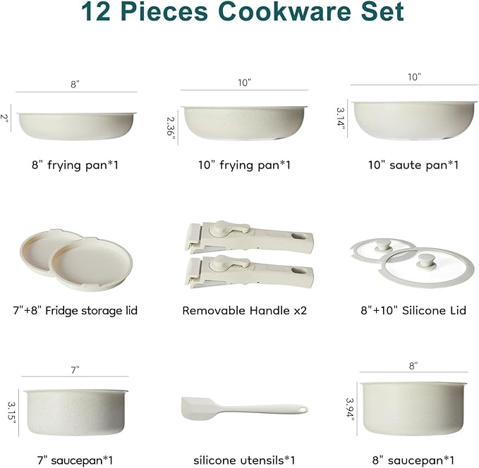 NEWBULIG Nonstick Kitchen Cookware Set, Pots and Pans with Detachable Handle, Induction Compatible, Dishwasher & Oven Safe, Space-Saving, Cream White, 12 Pieces(5 Pot)