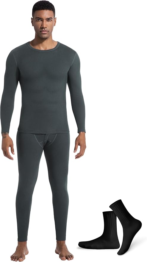 Raueupo Warm Thermal Underwear Set Mens Base Layer Long Johns Winter Hunting Gear Bottom Leggings Top with Mens Crew Socks