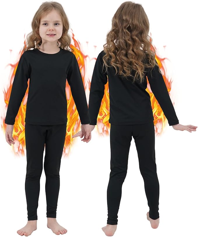 PISIQI Girls Thermal Underwear Set Ultra Soft Long Underwear for Kids Fleece Lined Winter Warm Base Layer Kids Long Johns Set