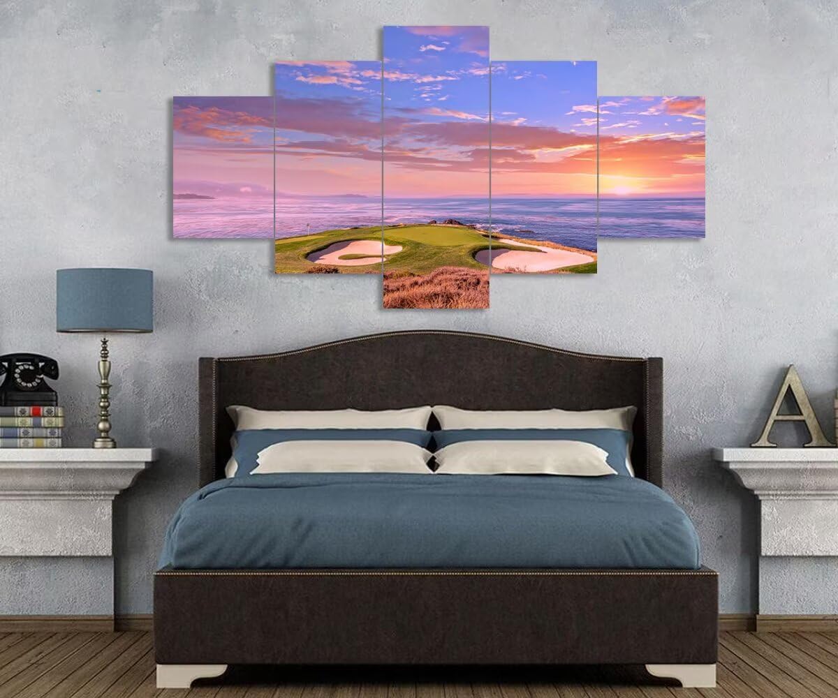 chenchenArt Pebble Beach Golf Course Hole 7 Wall Art for Living Room Bedroom Bathroom Home Decorations Monterey California USA Golf Course Pictures Canvas Prints Framed Ready to Hang(50''W x 24''H)