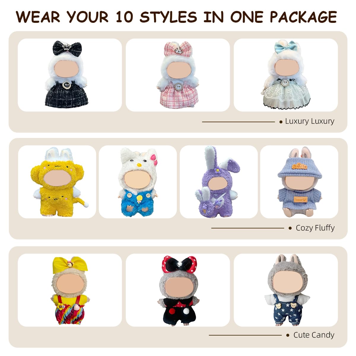10 Pack Compatible for Labubu Clothes,17cm Doll Clothes Cute Outfits Stylish Accessories Designer Hat Dress Shirt Set Compatible for Labubu Birthday Party Decoration Gift (Adorable, 17cm)