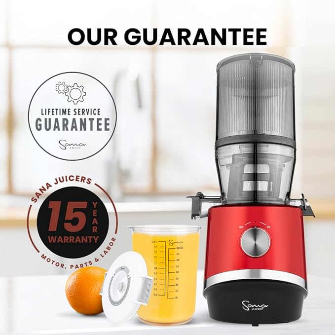 Sana 878 Self Feeding Batch Juicer | 3 Days of Cold Press Juicing Effortlessly | Most Convenient Juicer with Autopilot Configuration | Large Batch 2 Liter Capacity | Whole Fruits & Vegetables | Red