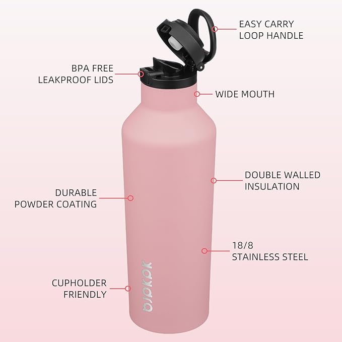 BJPKPK Insulated Water Bottle With Straw 25oz Stainless Steel Water Bottles With 2 Lids And Carry Handle Reusable Travel Metal Thermal Flask,Light Pink