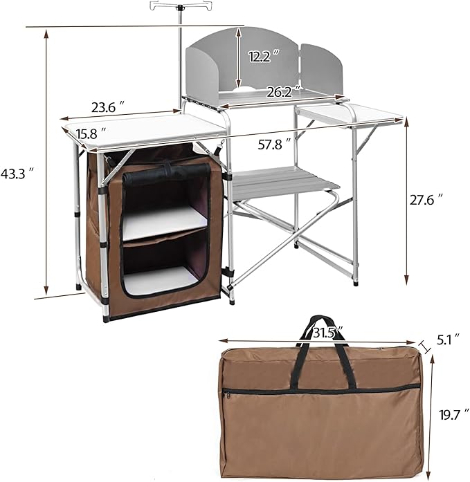 CampLand Folding Cooking Table Outdoor Portable Cook Station Aluminum Camping Kitchen with Storage Organizer, Windscreen, Hooks for BBQ, Party