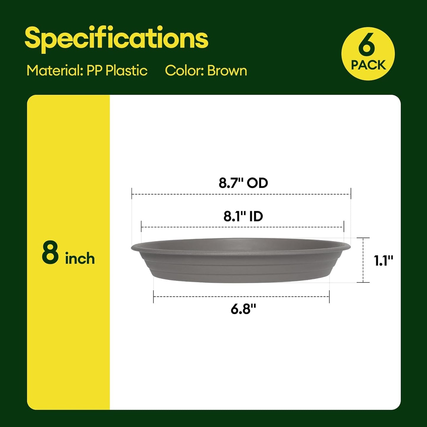 6 Pack Plant Saucer, 8 10 12 inch Plant Saucers for Indoor, Heavy Duty Plastic Plant Trays for pots, Grow Bags, Bird Baths, Flower Drip Trays for Indoor and Outdoor Uses (8", Gray)