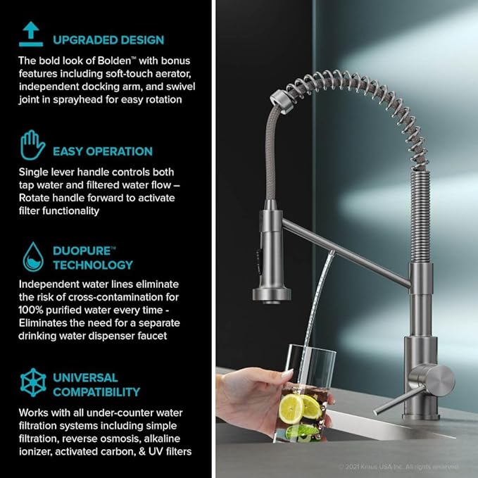 Kraus KFF-1610SFACB Bolden 2-in-1 Commercial Style Pull-Down Single Handle Filter Kitchen Faucet for Reverse Osmosis or Water Filtration System, Spot Free Antique Champagne Bronze