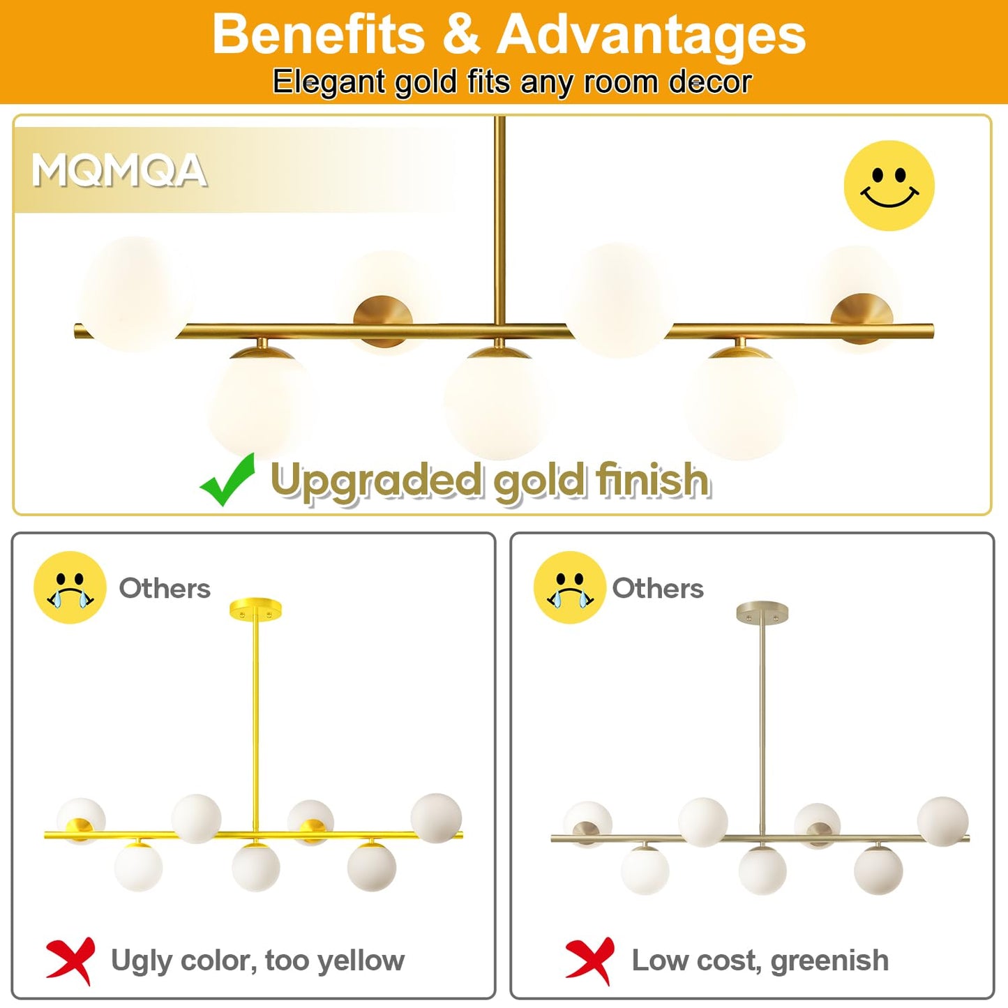 MQMQA 7-Light Modern Linear Chandelier, 43.3in Gold Pendant Light Fixture, Mid Century Design, Metal, Large Size