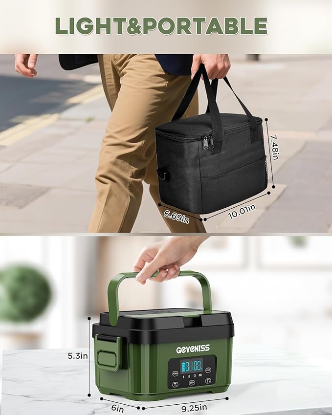 Cordless Electric Lunch Box for Adults – Battery-Powered Heated Lunch Box Food Warmer with 1.1L Stainless Steel Container, Timer Function, Leakproof, Portable for Work, Travel, Office